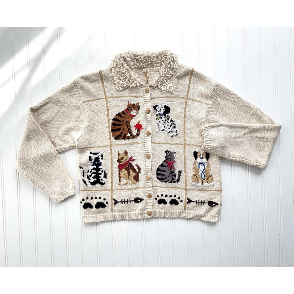 vtg cream cat dog embroidered‎ cotton cardigan sweater size S-M